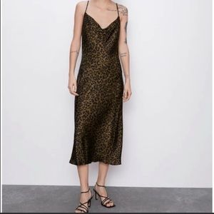 Zara midi satin leopard slip dress